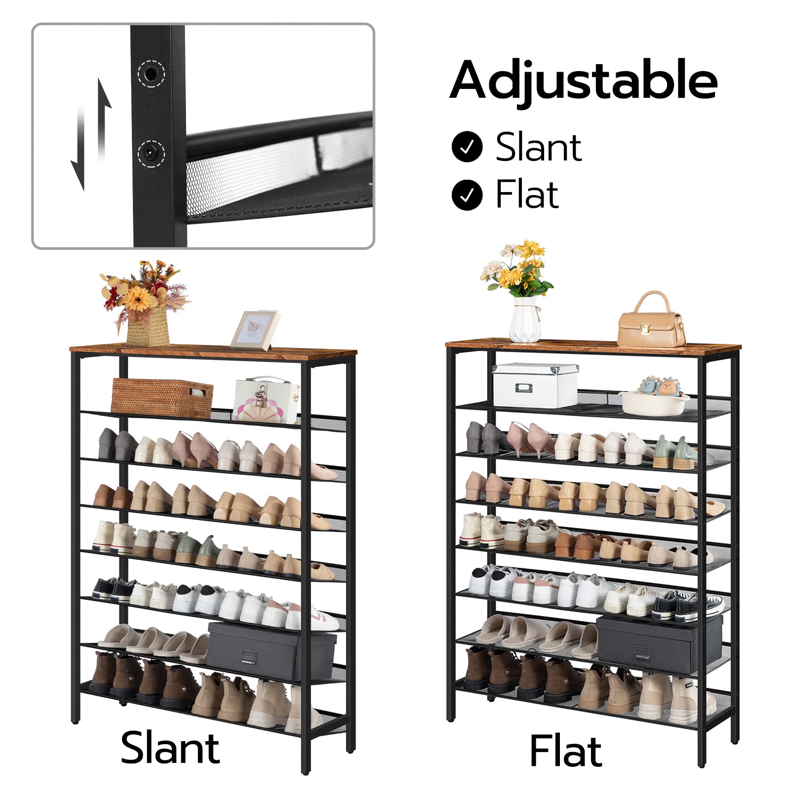HOOBRO Tall Shoe Rack, Large Capacity Shoe Storage, Tall Shoe Shelf for 28-35 Pairs of Shoes, 100cm, Shoe Organizers Storage Unit with Flat or Slant