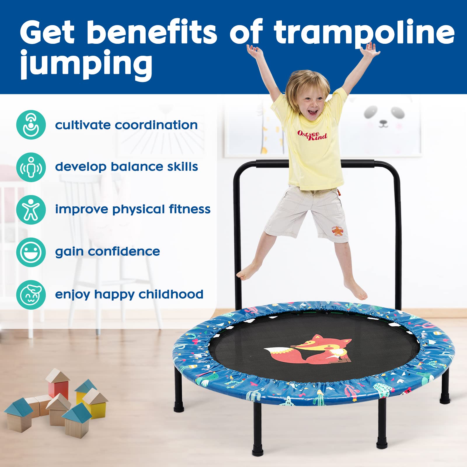 38'' Kids Mini Trampoline Foldable Fitness Body Exercise Rebounder with Foam Handle Safety Padded Cover Round Trampoline Folding Bungee Indoor Outdoor