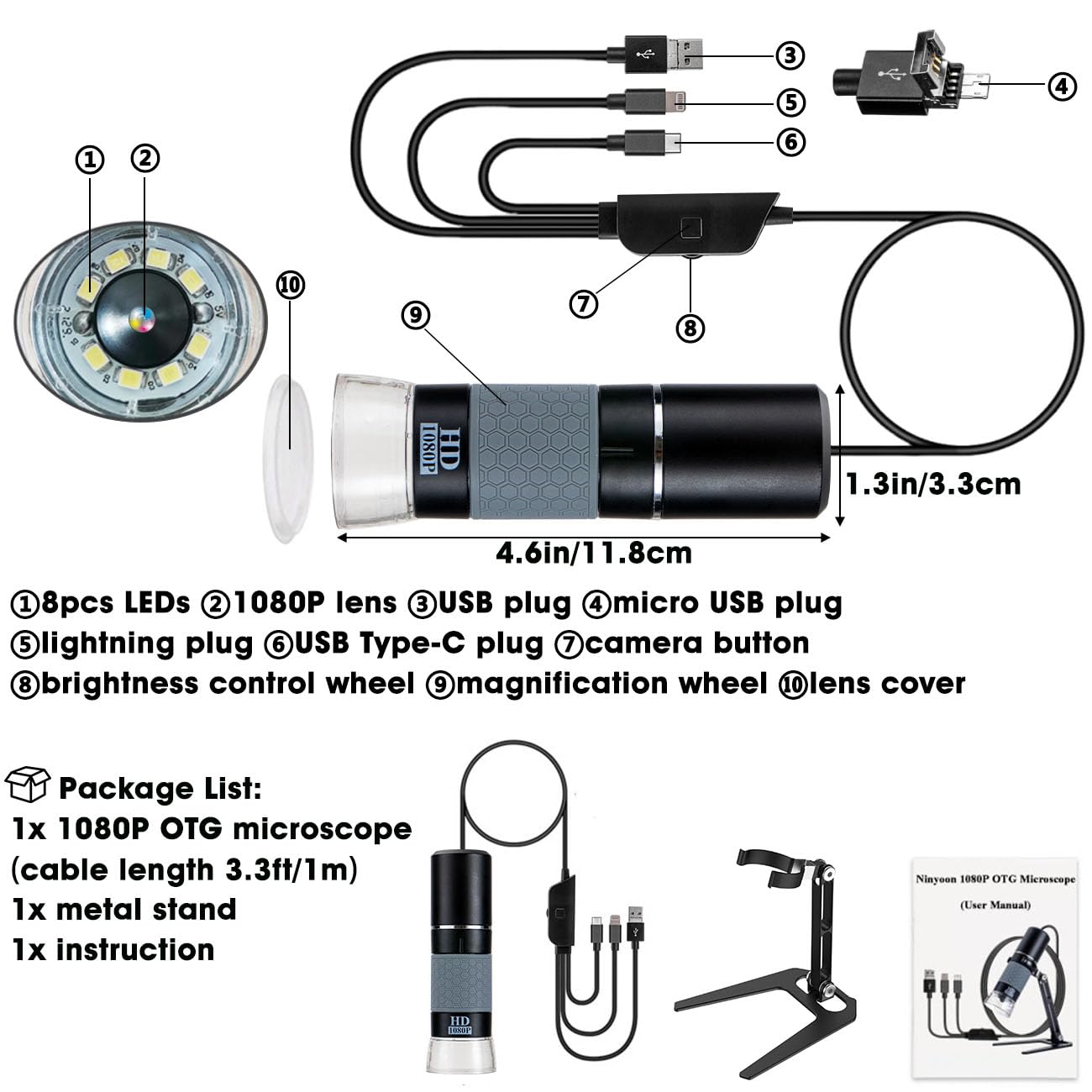 Ninyoon 2K USB Digital Microscope for Android PC, 40-1000X Microscope Super HD Endoscope Magnifier Camera Compatible with Android Cellphone and Tablet Windows Mac Chrome Linux - Not for iPhone/iPad