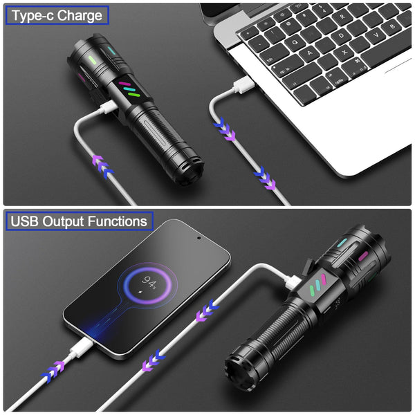 Torches LED Super Bright 1000000 Lumen, Rechargeable Torch with LCD Power Display and Zoomable, High Powered LED Torch 5 Light Modes, Powerful Tactical Torches for Camping, Dog Walking