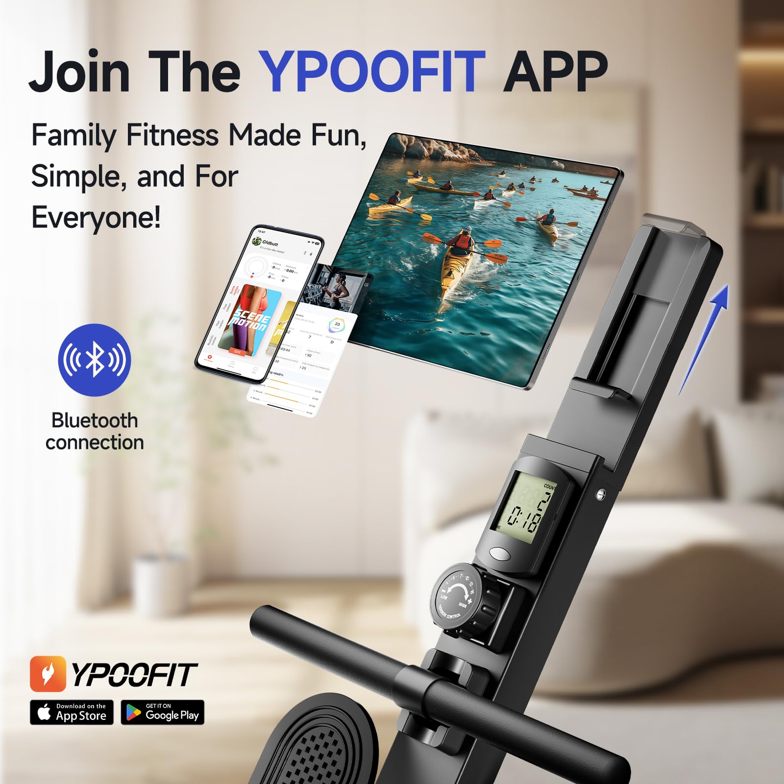 YPOO Rowing Machines, Magnetic Rowing Machines for Home Gym, 16 Levels Resistance Rowing Machine Foldable Quiet with Dual Slide Rail, 350lb Folding Rowing Machine with LCD Display Seat Cushion & App