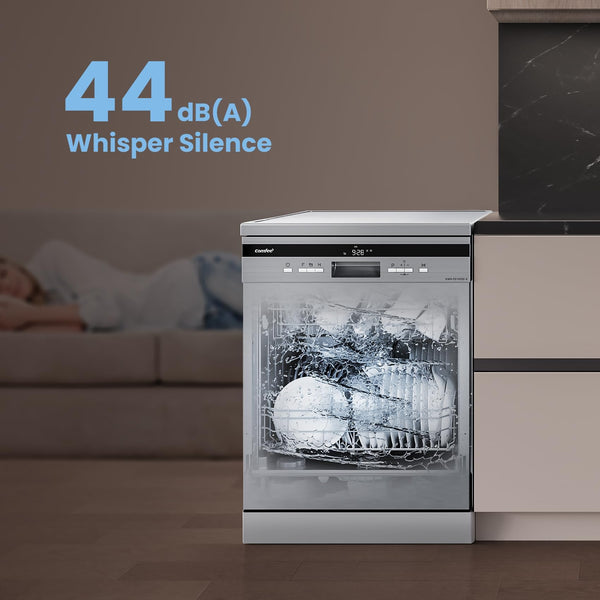 COMFEE' Freestanding Dishwasher FD1435E-X with 14 place settings, Full Size, Whisper Quiet 44dB, Wide LED Display, Delay Start, Half Load Function, Flexible Racks, Stainless Steel