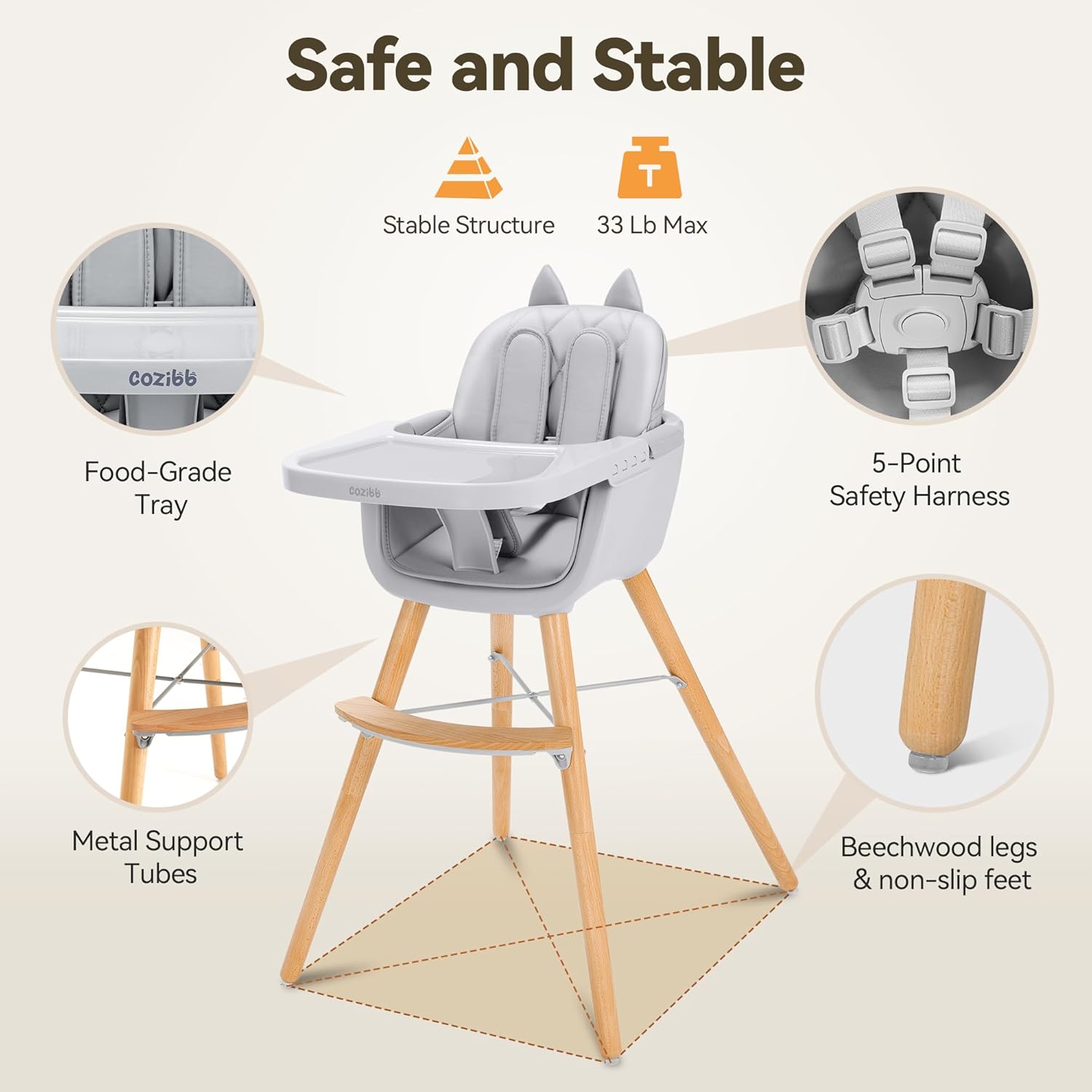 CoziBB 4 in 1 Highchair with Cat Ear, Removable 3-Position Tray, 5-Point Safety Belt Convertible Multifunctional High Chair with Removable Legs, Wooden Feeding Chair for Baby Infant Toddler (6 M-2 Y)