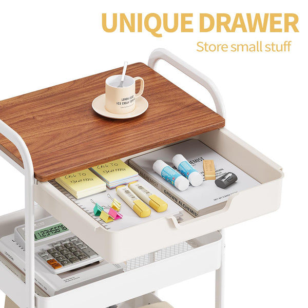 KINGRACK Rolling cart, 3-Tier Utility Storage Trolley with Wooden Board and Drawer, Metal Storage Cart with Handle, White Trolley Kitchen Organizer