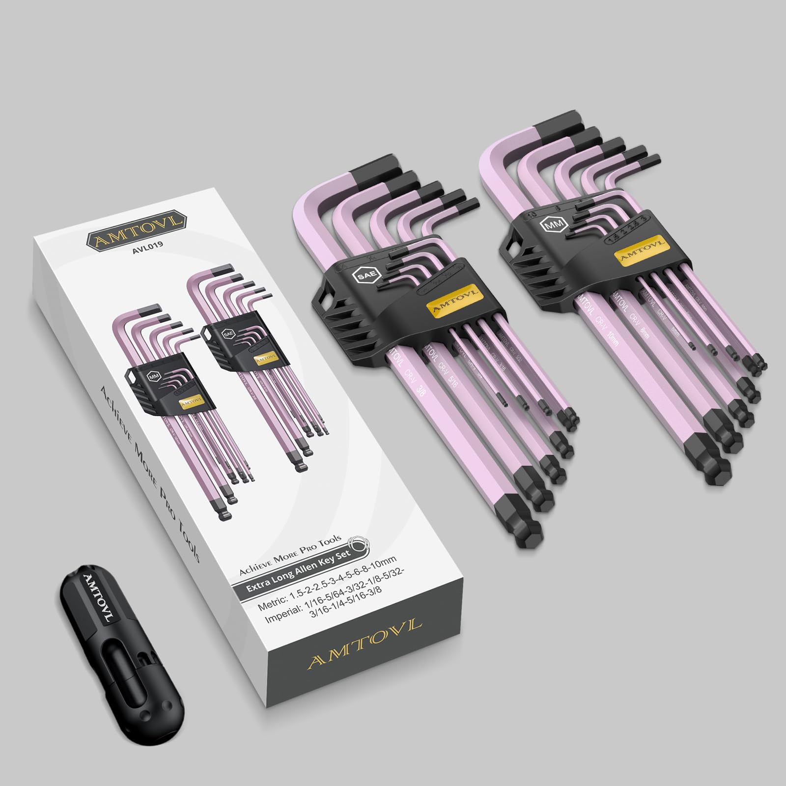 AMTOVL Hex Key Set, Allen Wrench Set, 18PCS Metric and SAE Allen Key Set Extra Long with Ball End T-Handle CRV & S2 Steel 1.5mm-10mm, 1/16-3/8