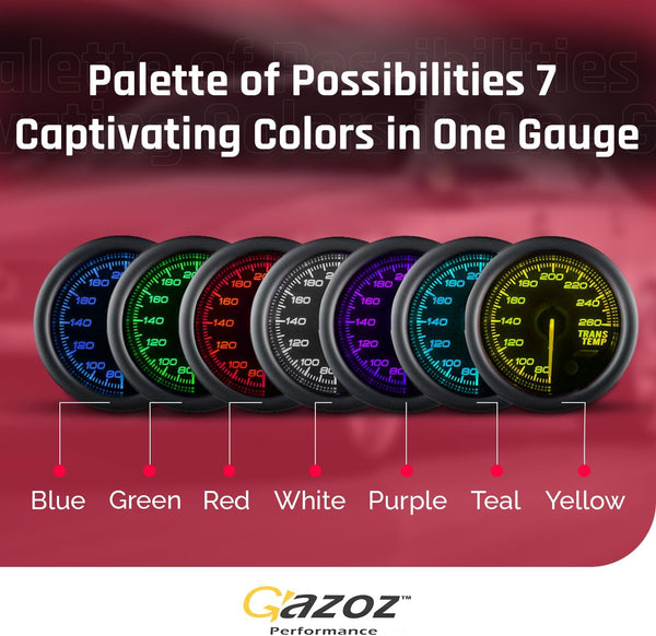 GAZOZ PERFORMANCE 52mm Transmission Trans Temp Gauge Kit 7 Color LED Electrical Peak Smoke Lens