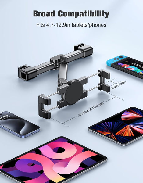 Rolgno Tablet Holder for Car, [Folding Extension Arm] Adjustable Headrest Holder Stand for Kids, Tablet Mount Back Seat Compatible with iPad Pro/Air/Mini, Galaxy Tab & 4.7-12.9" Devices