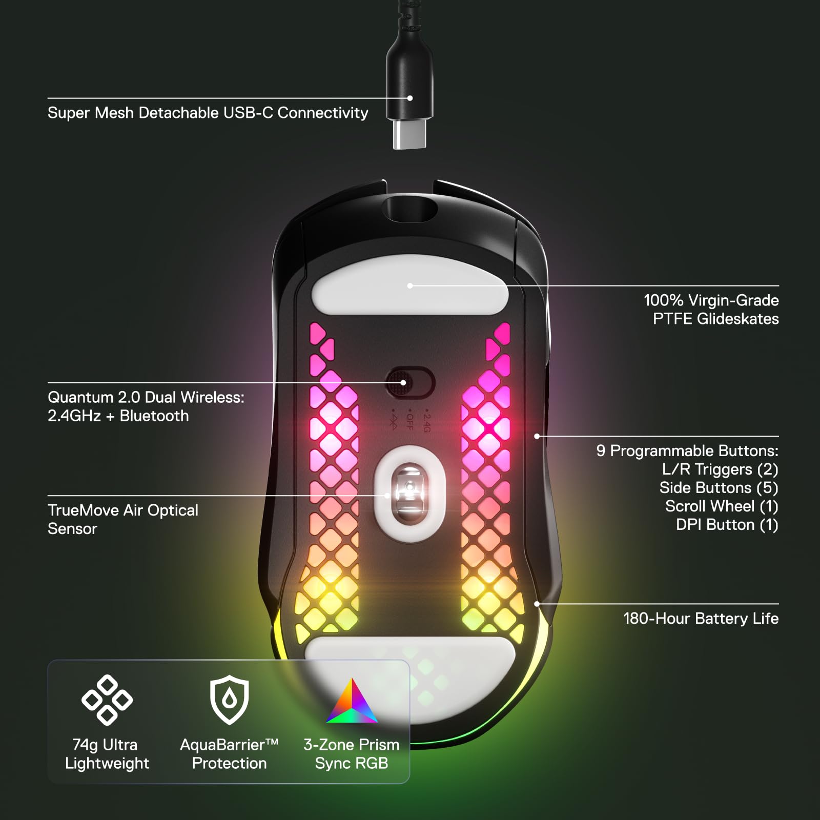 SteelSeries Aerox 5 Wireless - Holey RGB Gaming Mouse - Ultra-lightweight Water Resistant Design - 9 Buttons - Lag-free 2.4GHz / Bluetooth Wireless - 18K DPI TrueMove Air Optical Sensor