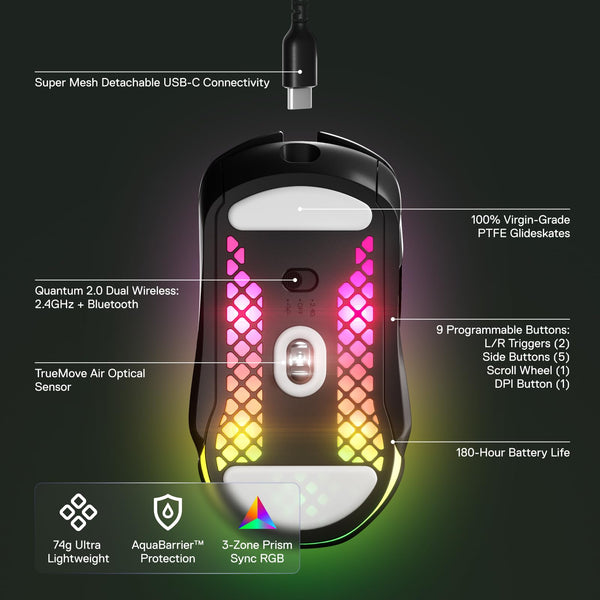 SteelSeries Aerox 5 Wireless - Holey RGB Gaming Mouse - Ultra-lightweight Water Resistant Design - 9 Buttons - Lag-free 2.4GHz / Bluetooth Wireless - 18K DPI TrueMove Air Optical Sensor