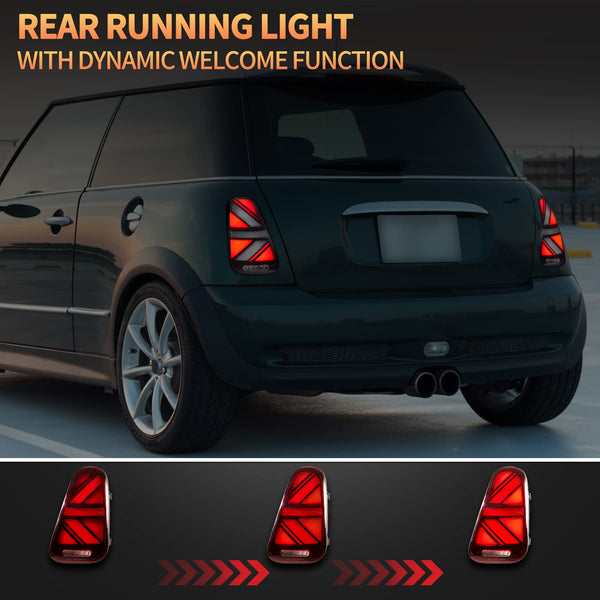 VLAND LED Rear Lights Compatible with Mini Cooper R50 R52 R53 2001-2006 1st Gen Hatch/Convertible, Union Jack Tail Lights w/Startup Dynamic Display & Sequential Indicator, 1 Set (Red)