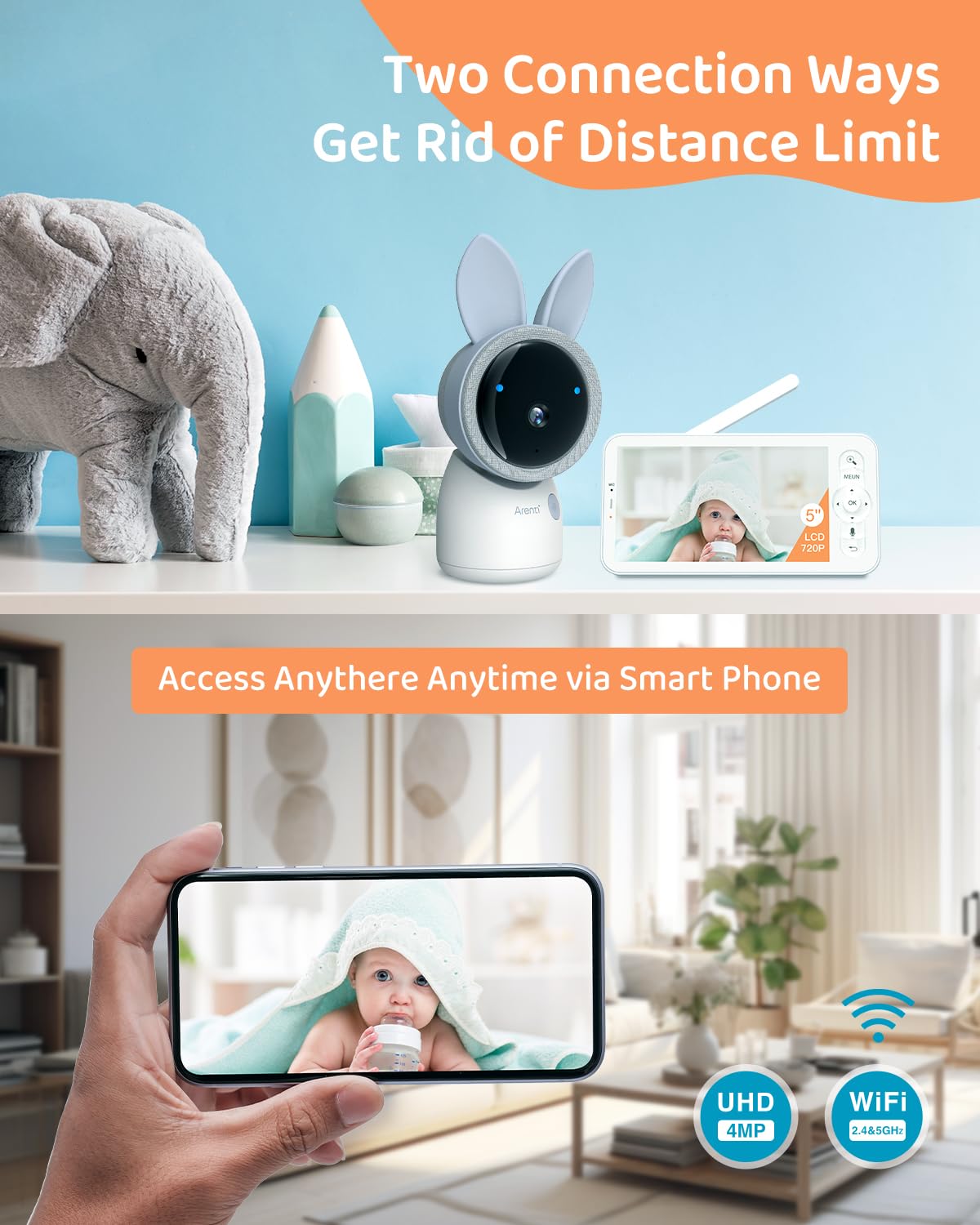 ARENTI 2.5K 5Ghz&2.4G Wifi Baby Monitor with Camera,5-inch 720P Display,Night Vision,Pan Tilt,Night Light,Auto Track,3350mAh Battery,Cry&Motion Detection,2-Way Talk,App&Screen Control