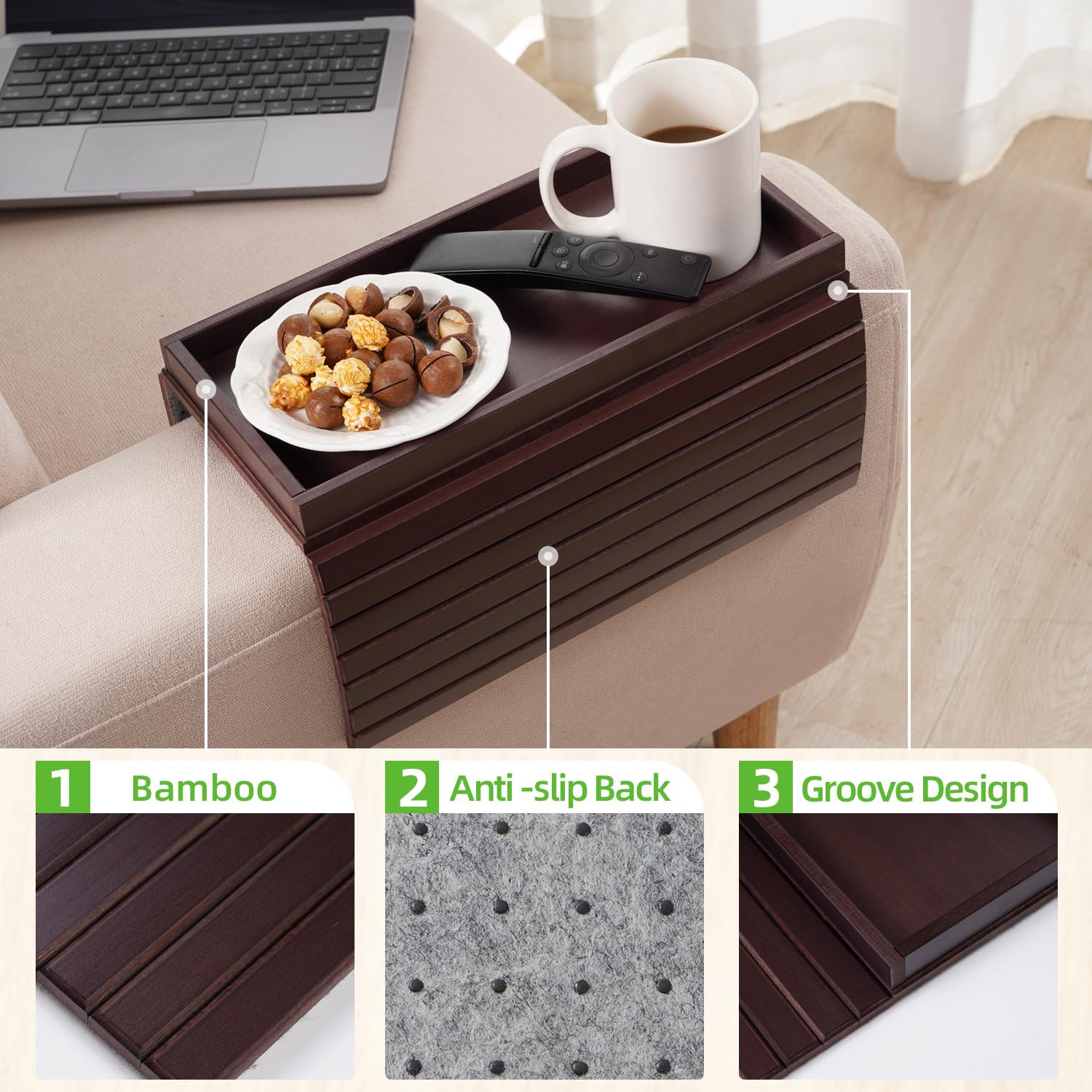 GEHE Natural Bamboo Sofa Arm Tray Table for Couch, Armrest Anti-Slip Cup Holder for Snacks, Phone, Control, Cups - Flexible, Foldable, Mahogany