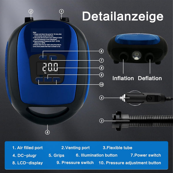 Sup Electric Pump,20psi Electric Paddle Board Pump with 5 Nozzles,Smart Inflation Auto-Off, Digital Adjustable LCD Function,12V Electric Pumpe for Sup and Inflatable Kayaks (Dark Blue)