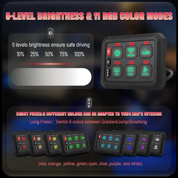 Chelhead RGB 6 Gang Switch Panel with APP Control, Universal Circuit Control Relay System, Multi-Function Bluetooth Remote Switch Panel, Compatible with Truck Boat SUV RV Trailer Marine ATV UTV