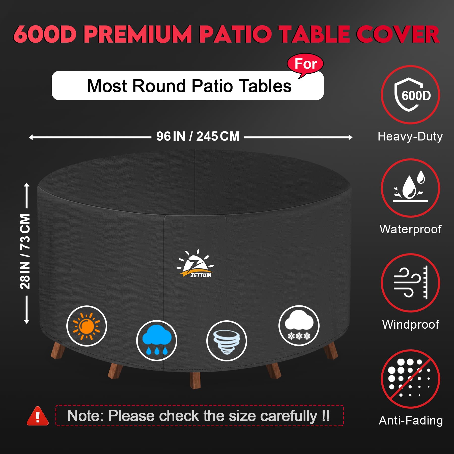 Zettum ?245x73cm Outdoor Furniture Covers Waterproof Round, Heavy Duty 600D Rattan Garden Furniture Covers Ideal for Large Patio Rattan Table & Chairs
