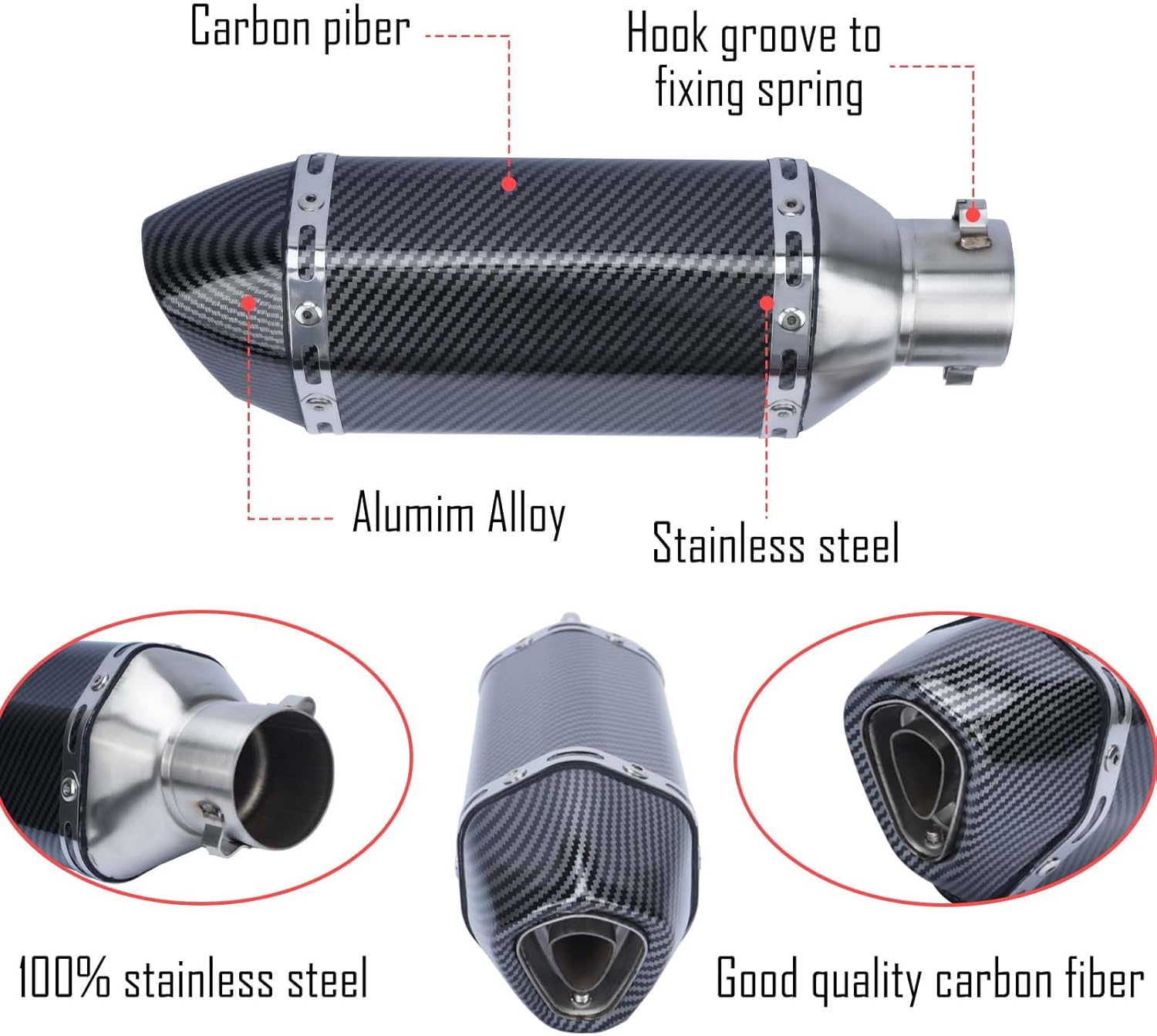 Motorcycle Slip On Exhaust Muffler, 38-51mm/1.5-2in Inlet Stainless Steel Universal Motorcycle Exhaust Mufflers Exhaust Muffler Carbon Fiber Pipe for Motorcycles Modification
