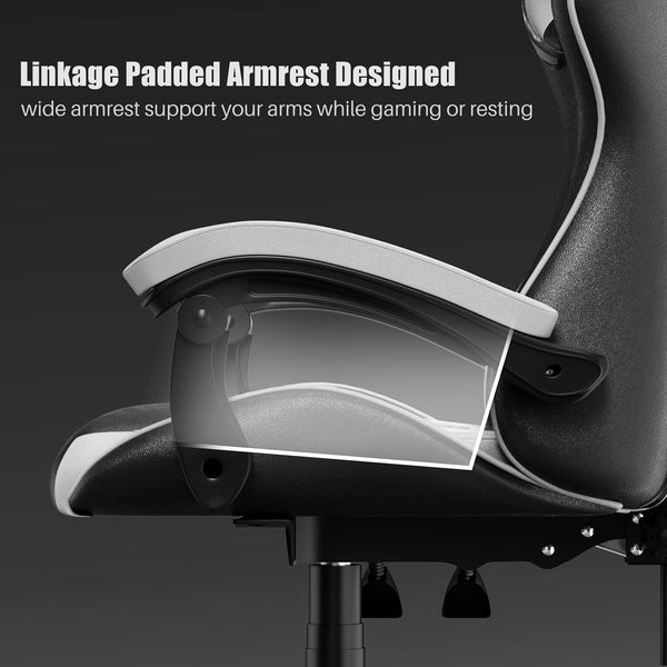bigzzia Ergonomic Gaming Chair - Gamer Chairs with Lumbar Cushion + Headrest, Height-Adjustable Office & Computer Chair for Adults (without footrest, White)