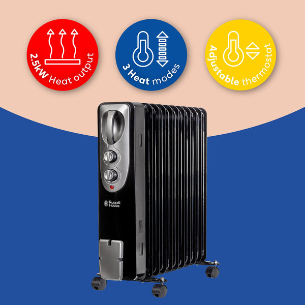 Russell Hobbs 1500W/1.5KW Oil Filled Radiator, 7 Fin Portable Electric Heater - White, Adjustable Thermostat with 3 Heat Settings, Safety Cut-off, 15 m sq Room Size, RHOFR5001, 2 Year Guarantee