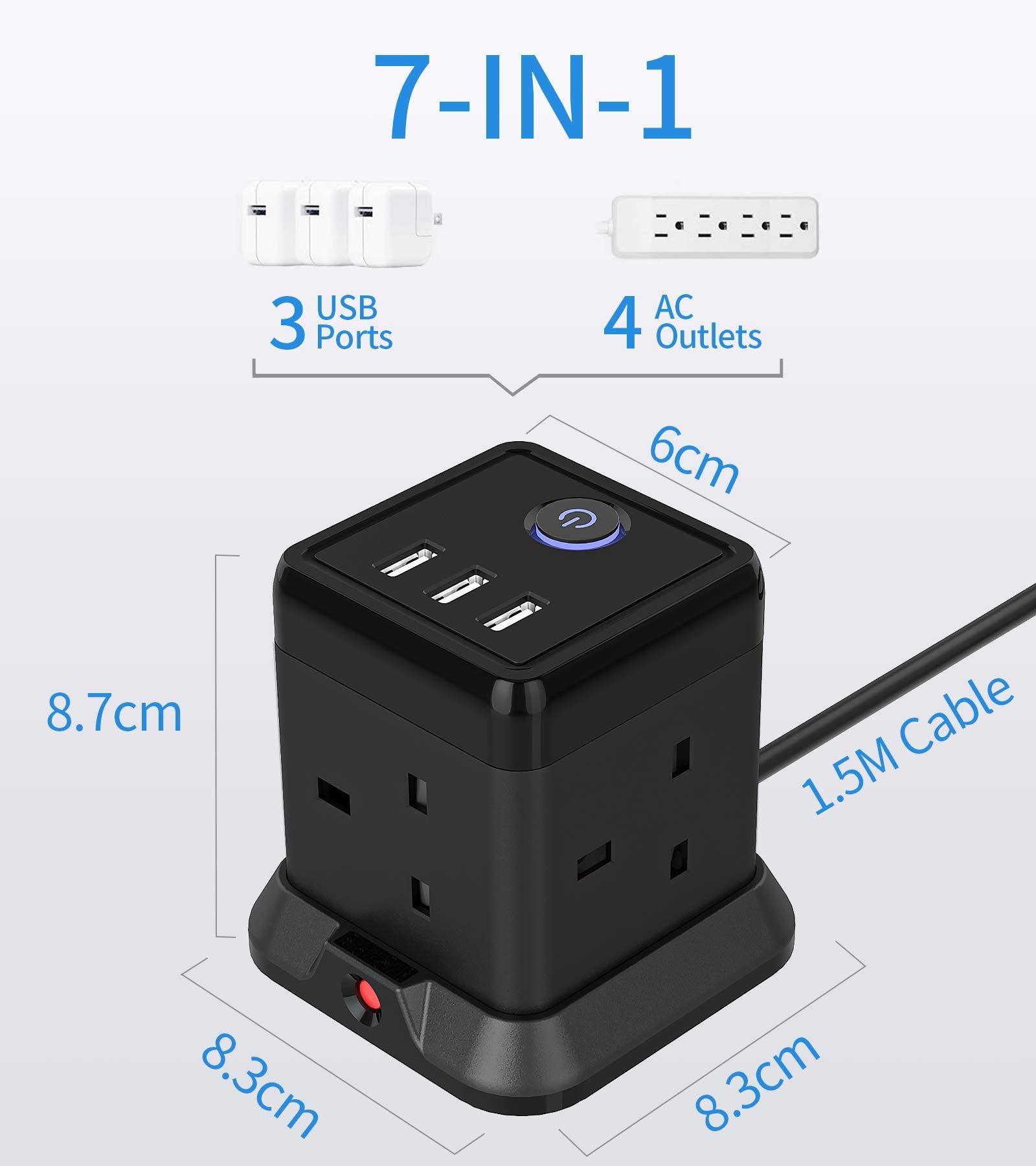 Hulker 3M Cube Extension Lead with 3 Slots 4 Gang Plug Socket with Switch 4 Way Power Strip with 3 USB Port 3 Metre Extension Cable Black 13A 3250W for Home Dorm Office