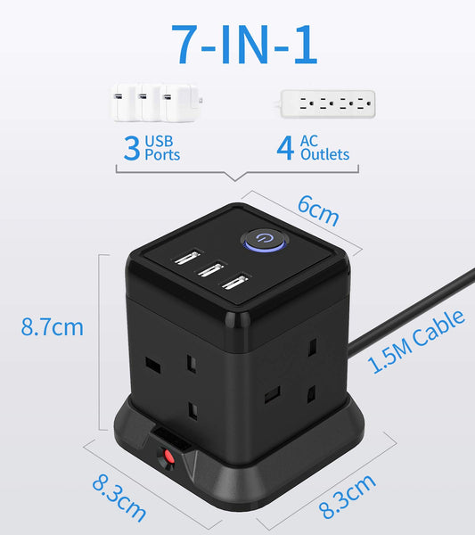 Hulker 3M Cube Extension Lead with 3 Slots 4 Gang Plug Socket with Switch 4 Way Power Strip with 3 USB Port 3 Metre Extension Cable Black 13A 3250W for Home Dorm Office