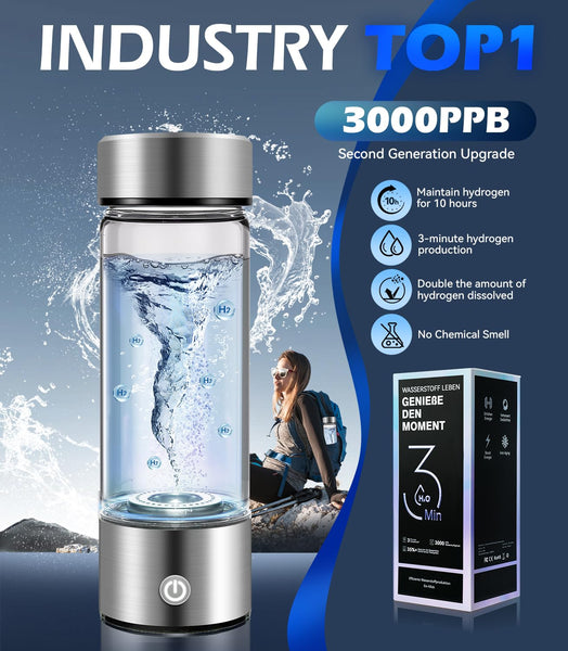 2025 Upgraded Hydrogen Water Bottle 8.0【 Authoritative Certified - 3000 PPB】Hydro Water Bottle 100% Leak Proof【8-Hour Hydrogen Lock】PEM/SPE Technology Produces Hydrogen Water with Purity of 99.99%
