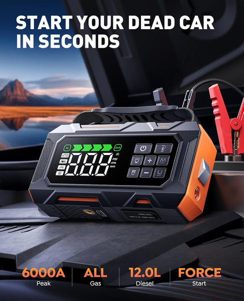 TREKURE 14-IN-1 6000A 160PSI Jump Starter Power Pack with Air Compressor & Car Emergency Kit, Car Battery Booster Jump Starter with Jump Leads (all Gas/12L Diesel), LED Light, Gloves, 18W