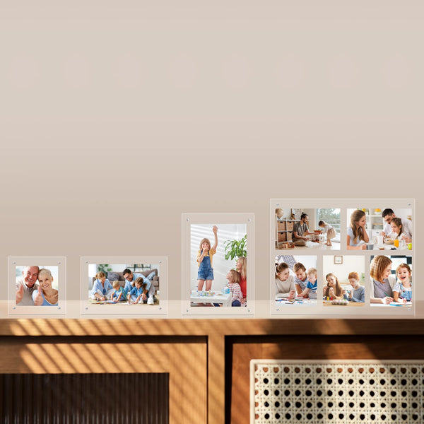 EGOFINE 8x6 Acrylic Frames 4 Pack, 20mm Thicker Frameless Clear Picture Frames, Double Sided Magnetic Picture Frames, Free Standing Desktop Display