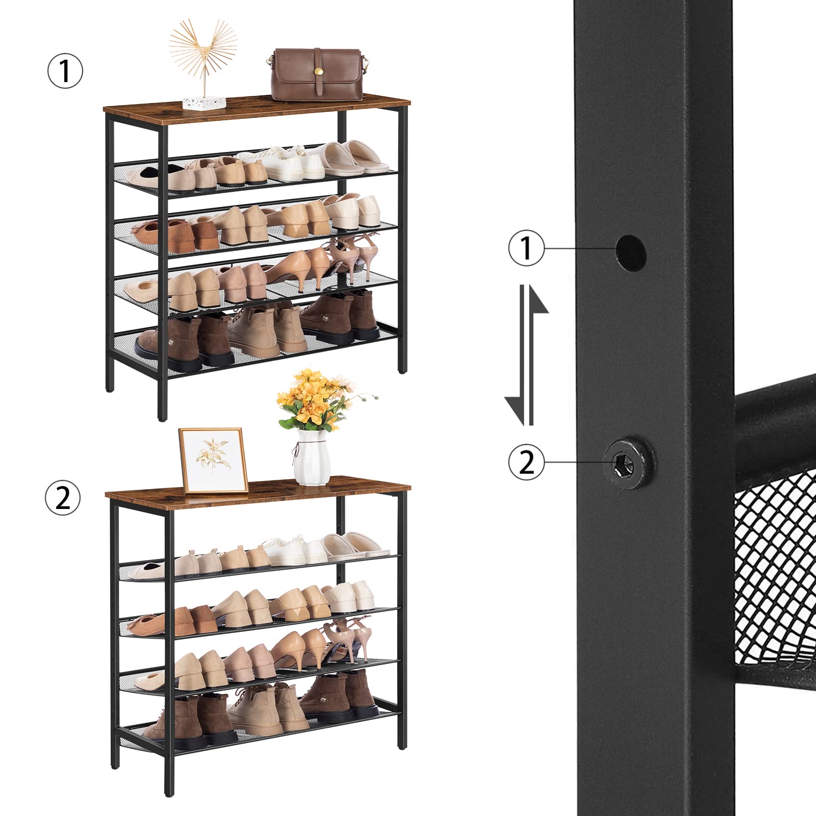 HOOBRO Shoe Rack, 5-Tier Shoe Organizer Shelf, 75 x 30 x 85 cm, with Flat or Slant Adjustable Shelf, Sturdy and Stable, Shoe Storage for Hallway,