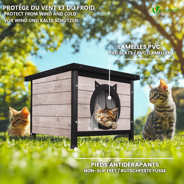 VOUNOT Cat House Outdoor with Kennel Door Privacy Window Cat Wooden Shelter 57x45x43cm, Grey