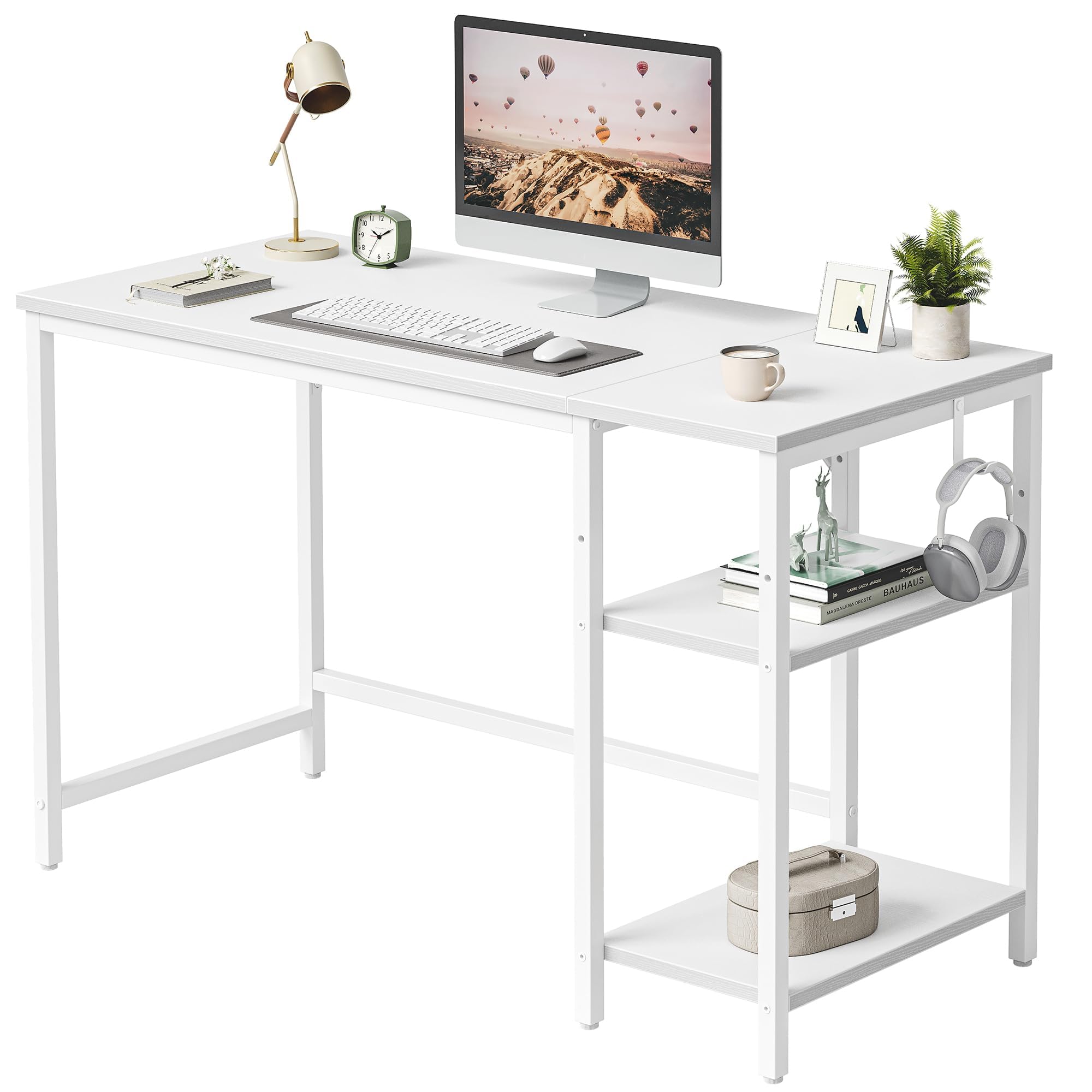 CubiCubi Computer Desk with Monitor Stand and Storage Shelves, 120cm Home Office Desk Study Writing Table, White