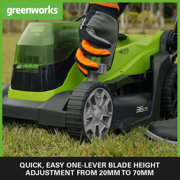 Greenworks G24X2LM36K4X Cordless Lawnmower for Lawns up to 420m², 36cm Cutting Width, 40L Bag PLUS Two of 2x24V(48V equivalent) 4Ah Batteries & Twin Charger, 3 Year Guarantee