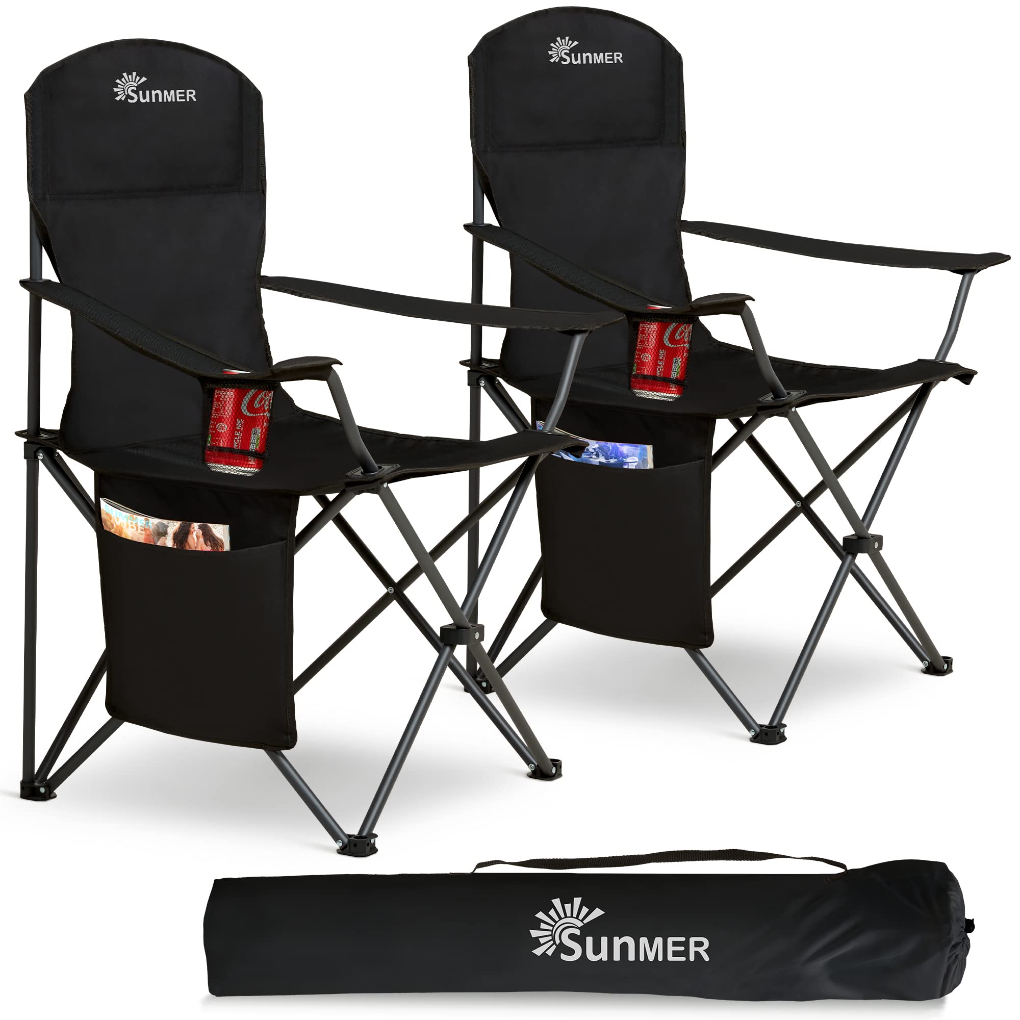 SUNMER Set of 2 Folding Camping Chairs, Extra-Wide Lightweight Outdoor Chairs with Armrests, Cup Holder and a Side Pocket, 120kg Capacity per Chair - Black