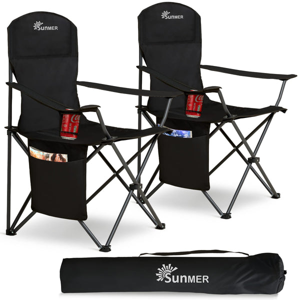 SUNMER Set of 2 Folding Camping Chairs, Extra-Wide Lightweight Outdoor Chairs with Armrests, Cup Holder and a Side Pocket, 120kg Capacity per Chair - Black