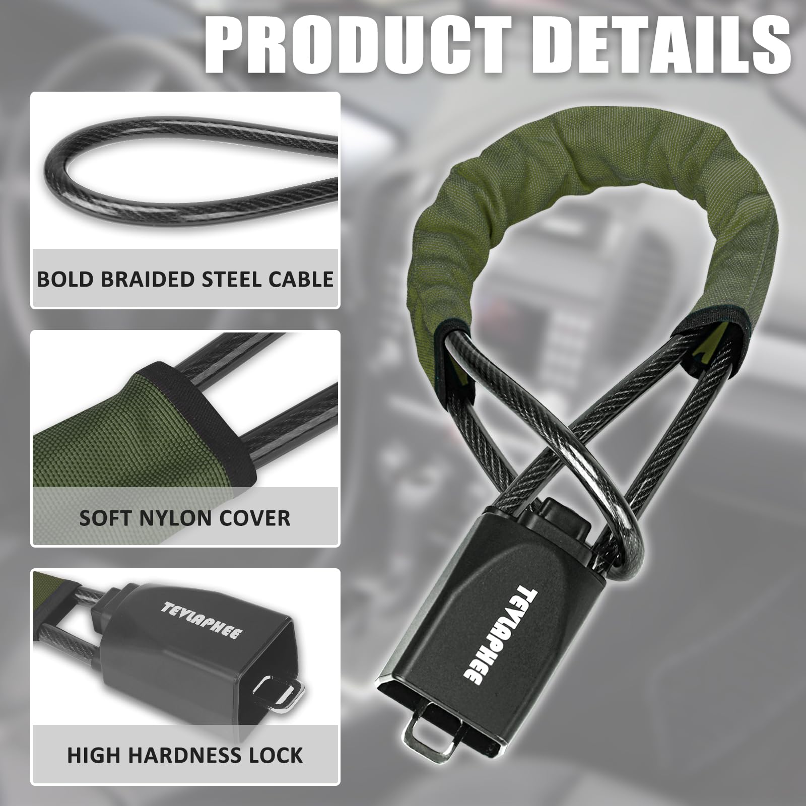 Tevlaphee Steering Wheel Lock, Steering Lock, Car Steering Wheel Locks, Steering Wheel to Seat Belt Lock, High Visibility Car Lock Anti-Theft Device, Heavy Duty, Universal Fit, 3Keys (Green)