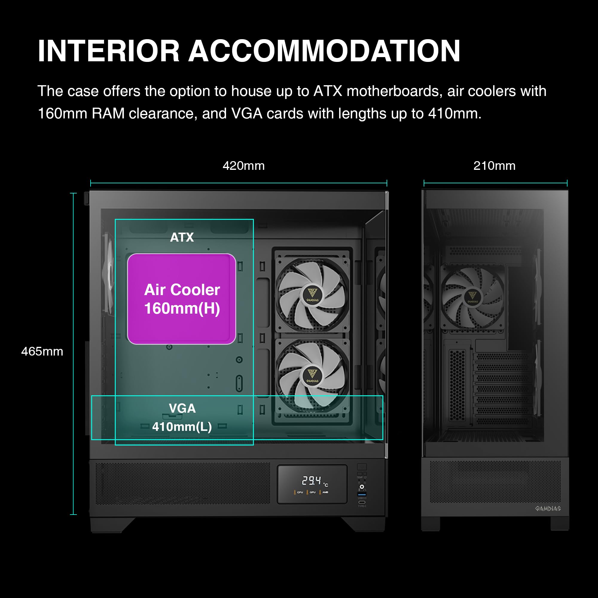 GAMDIAS PC Case, ATX Gaming Mid Tower, No-Hub, Real-time Monitor, Seamless Tempered Glass, Pre-install 3 x 120 mm ARGB PWM Fans, Side Vents Perforated, Black