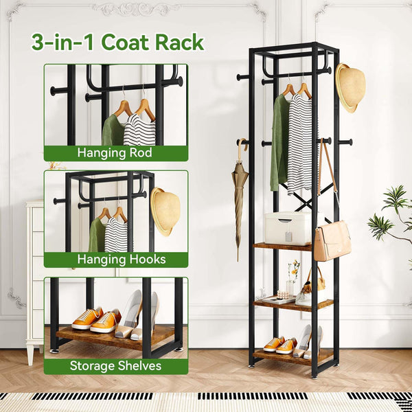 IBUYKE Coat Rack, Freestanding Coat Stand with 3 Shelves and 8 Hooks, Industrial Clothes Stand for Entryway, Hallway, Bedroom, 180 x 40 x 30 cm,