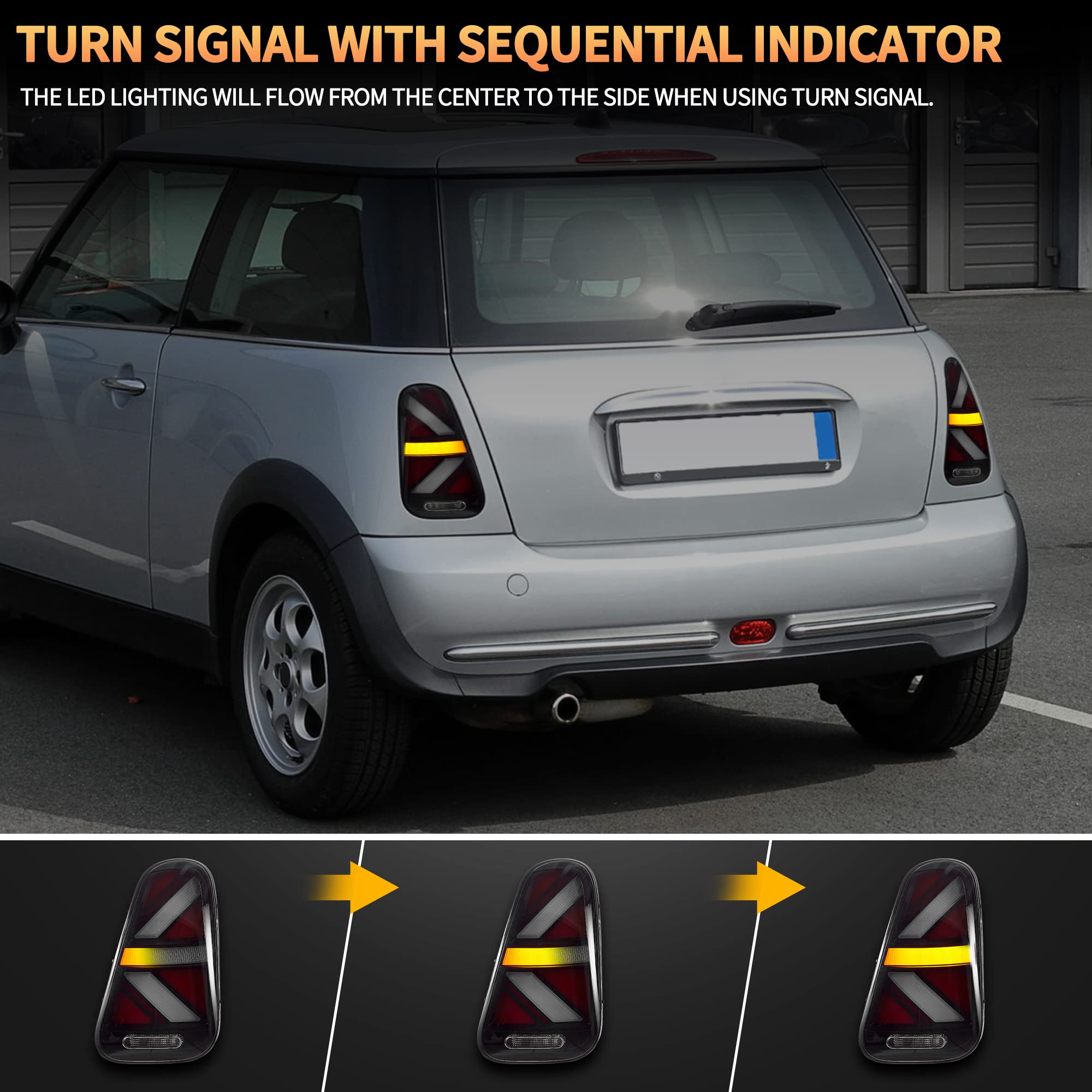 VLAND LED Rear Lights Compatible with Mini Cooper R50 R52 R53 2001-2006 1st Gen Hatch/Convertible, Union Jack Tail Lights w/Startup Dynamic Display & Sequential Indicator, 1 Set (Red)