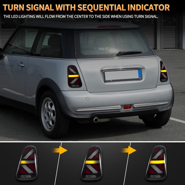 VLAND LED Rear Lights Compatible with Mini Cooper R50 R52 R53 2001-2006 1st Gen Hatch/Convertible, Union Jack Tail Lights w/Startup Dynamic Display & Sequential Indicator, 1 Set (Red)