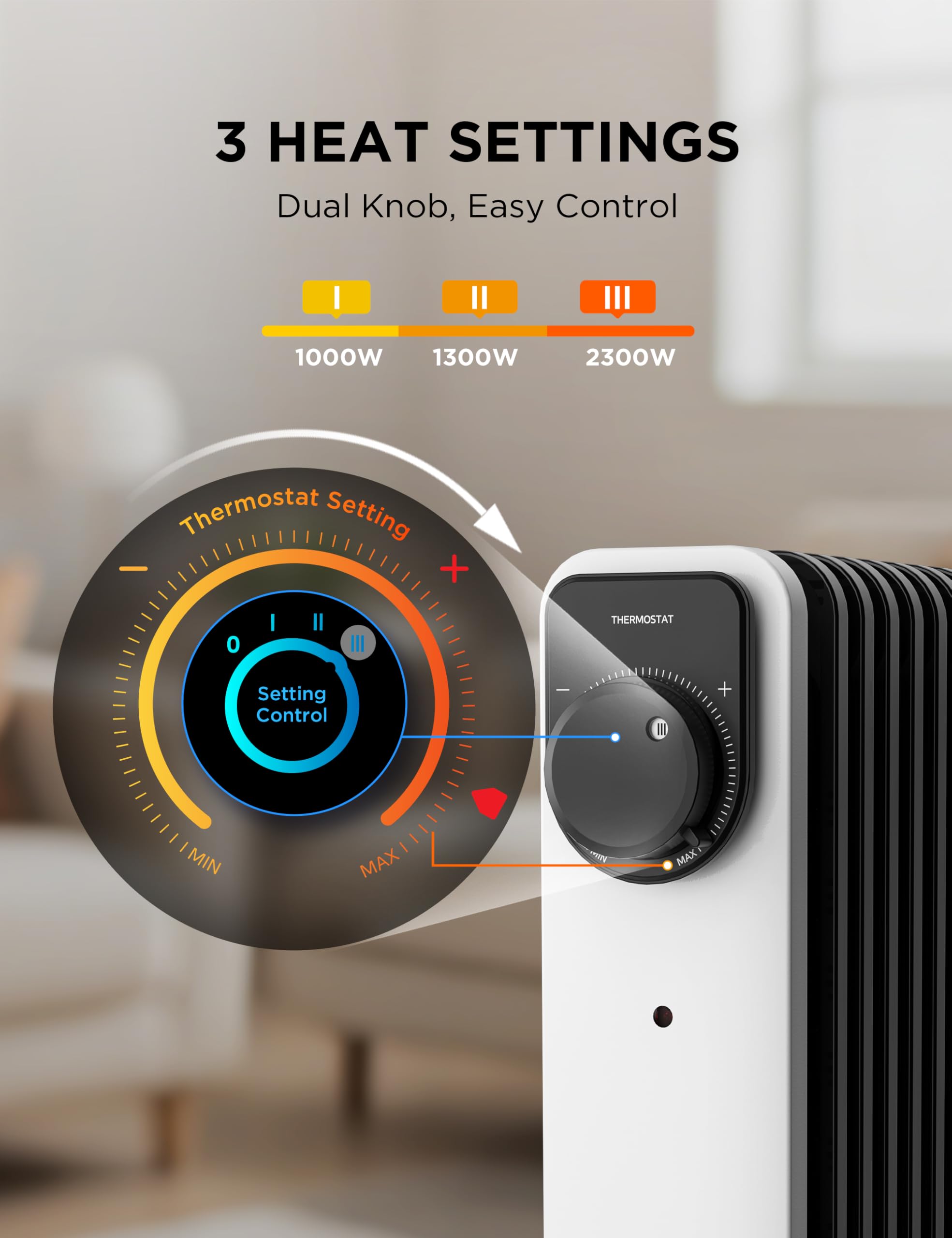 Midea Oil Filled Radiator, 2300W, 11-Fin Portable Electric Heater with Knob Controls, Adjustable Thermostat, 3 Heat Settings, Tip-Over & Overheat Protection, UltraQuiet Operation for Office & Home Use