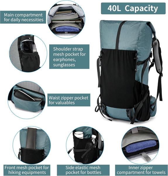 POWER KING 40L Expandable TO 50L Hiking Backpack,Upgraded X-PAC Scratch-proof Lightweight Large Rucksack for Mens Women, Outdoor Roll Top Camping Packsack, Fit for 15.6'' Laptop