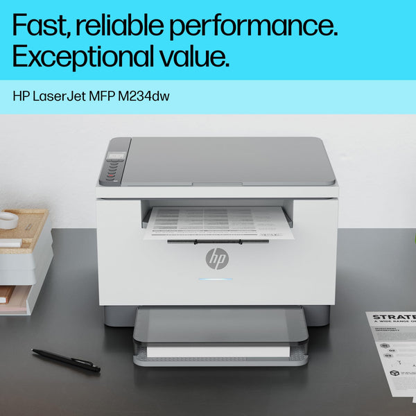 HP LaserJet M234dw Wireless Black & White Multi-function Printer | 1 Year Limited Warranty | 2-sided printing | Dual-band WI-FI with self-reset | 150-sheet input tray | HP Auto-On/ Off technology