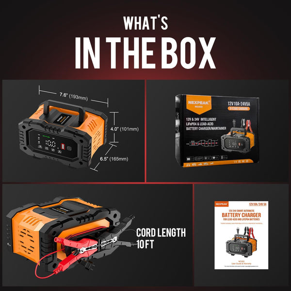 Battery Charger 10A, NEXPEAK 12V 24V LiFePO4 Car Battery Chargers, Automatic Maintainer with Temperature Compensation for Car Motorcycle Truck, AGM, Gel, Wet, SLA