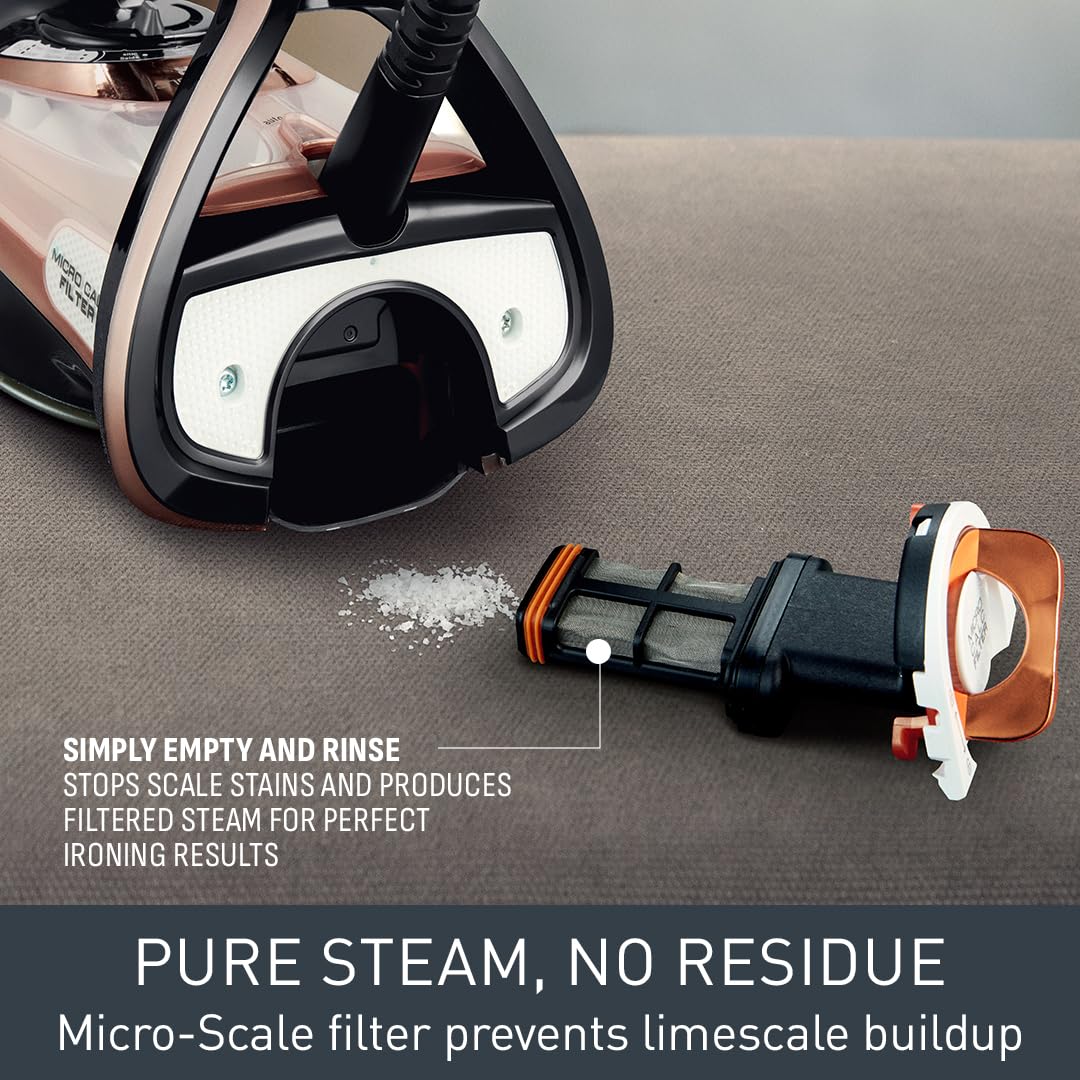 Tefal Ultimate Pure Steam Iron, 3100W, 260g/min Steam Boost, 350ml Water Tank, 3m Cord, Non-Stick Durilium Soleplate, Anti Scale, Anti-drip, Black and Rose Gold FV9845G0