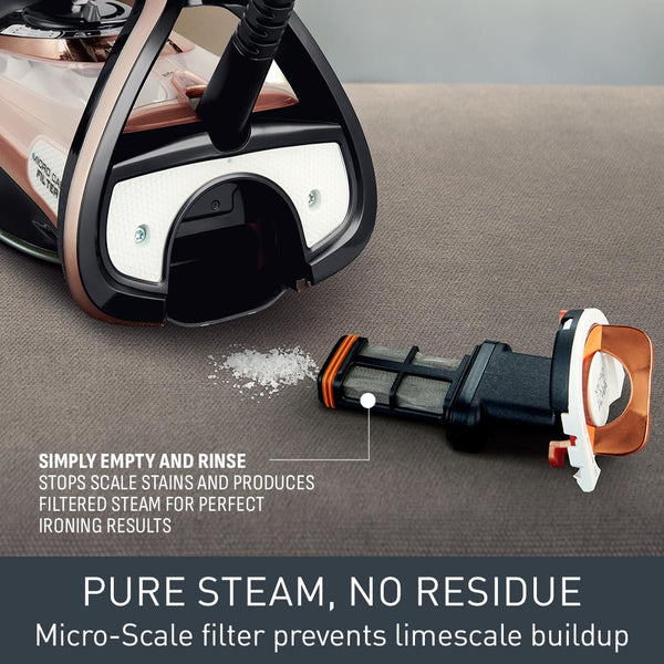 Tefal Ultimate Pure Steam Iron, 3100W, 260g/min Steam Boost, 350ml Water Tank, 3m Cord, Non-Stick Durilium Soleplate, Anti Scale, Anti-drip, Black and Rose Gold FV9845G0