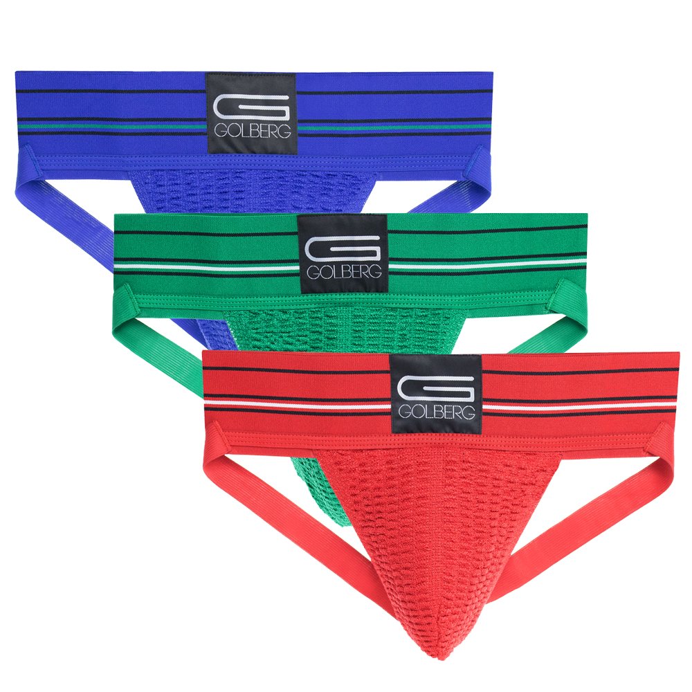 Golberg Athletic Supporter - Naturally Contoured Waistband - (3 Pack, Cardinal Red - Envy Green - Cobalt Blue, Large)