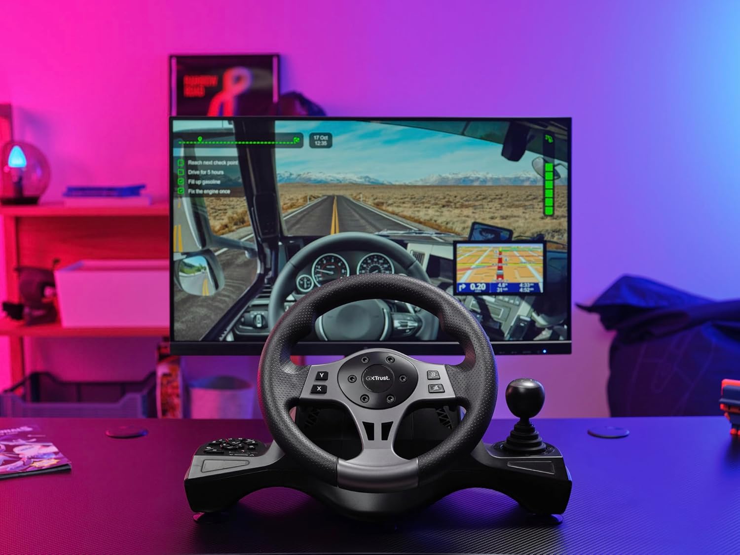 Trust GXT 289 Steering Wheel for Gaming PC, Xbox Series X/S, PS4, Nintendo Switch, Racing Wheel with Pedals, Paddle Shifters, Gear Stick, Vibration Feedback, for Farming Simulator / F1 / Gran Turismo