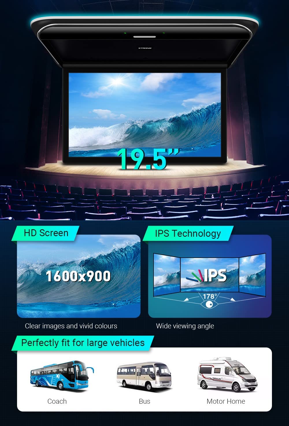 XTRONS Android Car Overhead Player 19.5 Inch Octa Core Car Roof Mount Monitor Wide IPS Screen 8K Video Built-in Stereo Speakers Flip Down Overhead Car Monitor Support 4G WiFi HDMI Input USB RCA Input