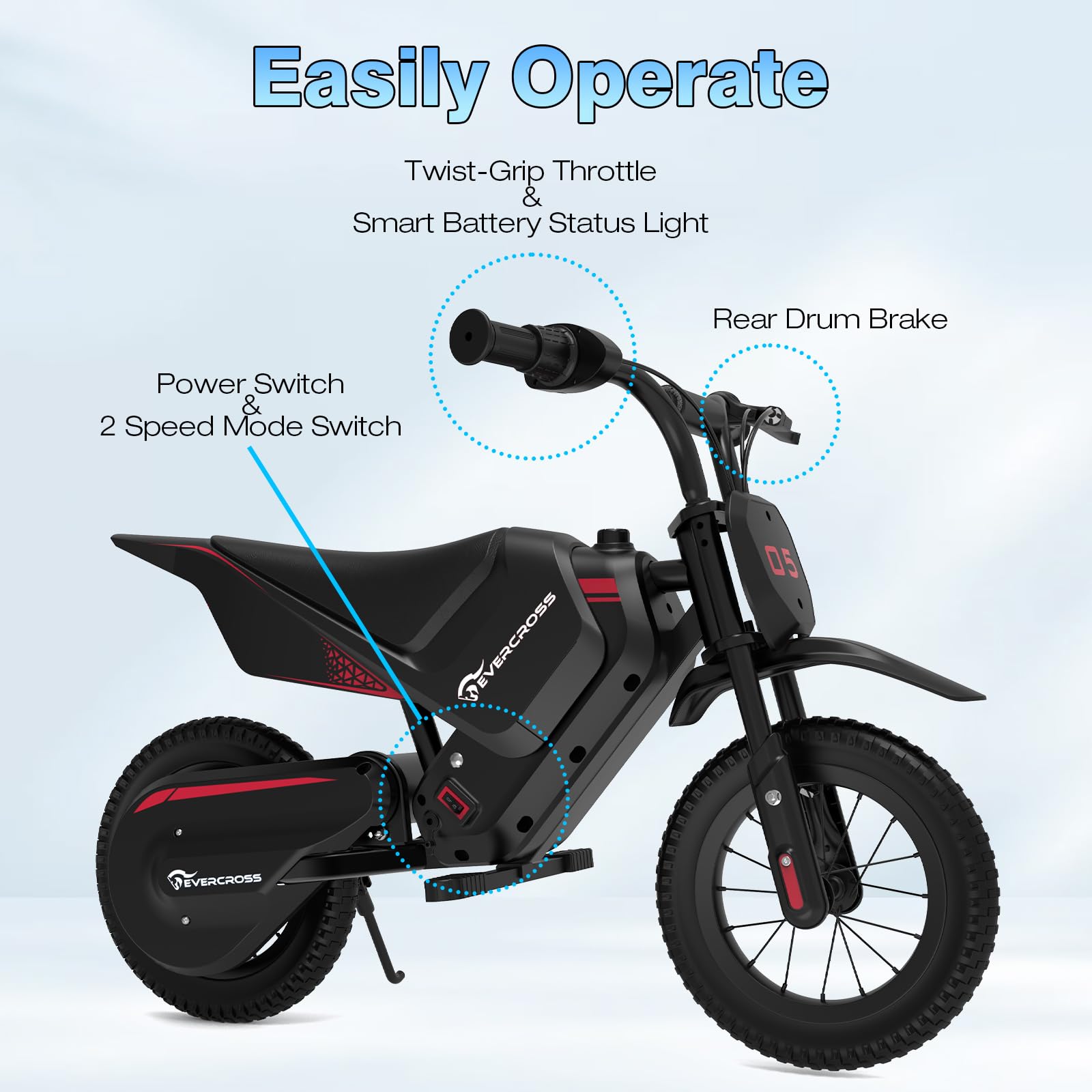 EVERCROSS EV05M Electric Motorcycle for Kids, 150W Kids Ride On Motorcycle, 8/16 km/h Speed Modes & 15 km Long-Range Electric Motorcycle, 12'' Moto Cross for Children Aged 3-12 Years