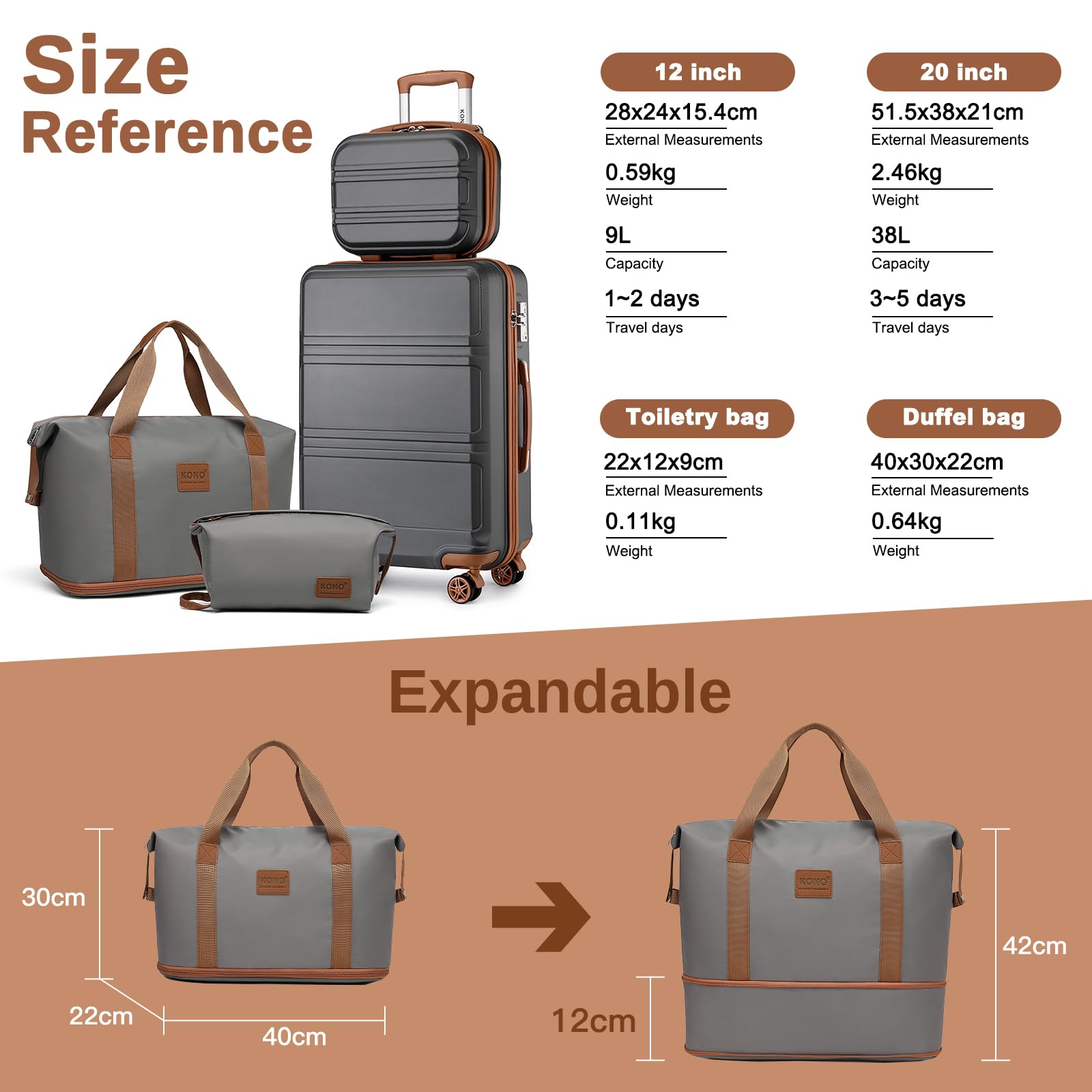 Kono Travel Luggage Sets of 6 Piece Lightweight ABS Hard Shell Trolley Case with TSA Combination Lock 20" 24" 28" Suitcase + 12" Beauty Case + Duffel Bag & Toiletry Bag (Cream White)