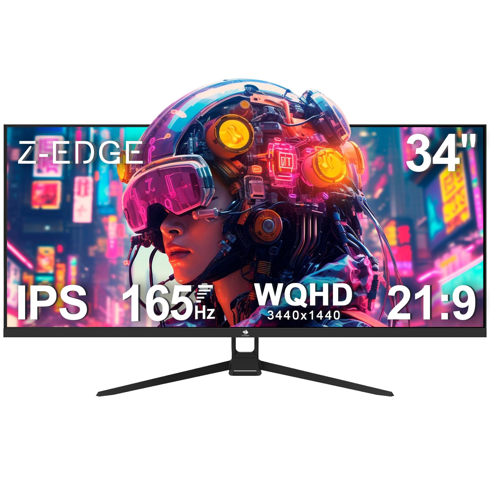 Z-Edge 34 Inch Gaming Monitor Ultrawide 165Hz(DP) 100Hz(HDMI) 1ms MPRT, 21:9 WQHD 3440x1440 IPS Panel, FreeSync, HDR10, HDMI, DisplayPort - Black
